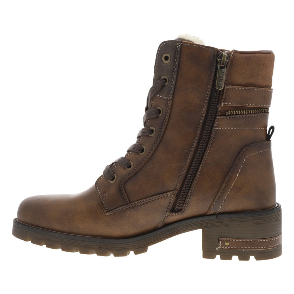 Bottines taupe à talon décroché bas avec des lacets plats et un zip marron, MUSTANG