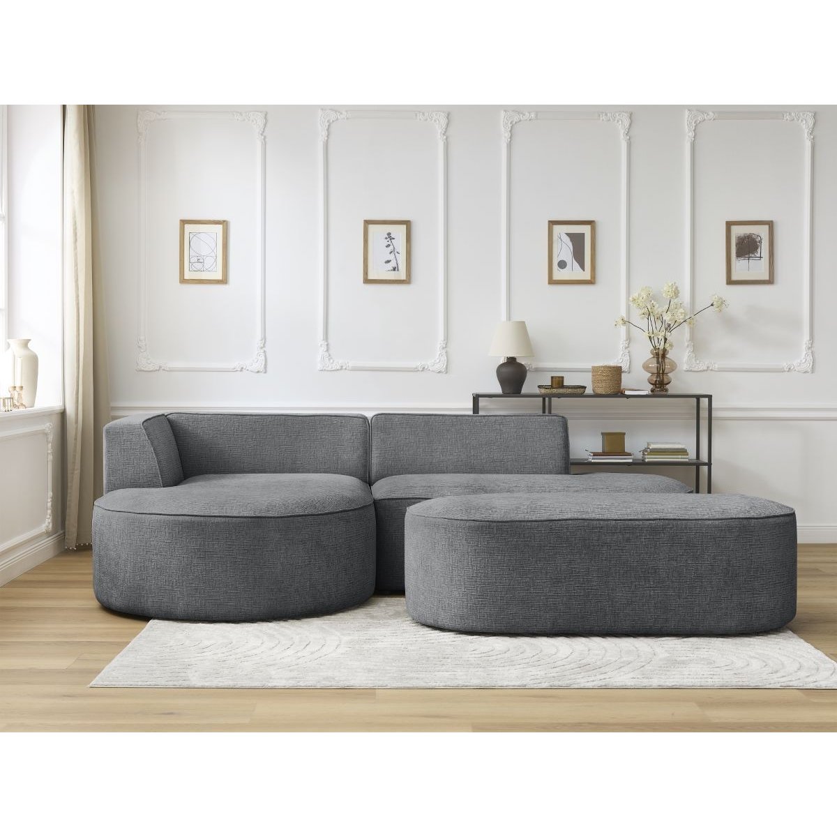 Canapé d'angle fixe 5 places en tissu texturé avec pouf, ROUSSEAU gris foncé, BOBOCHIC