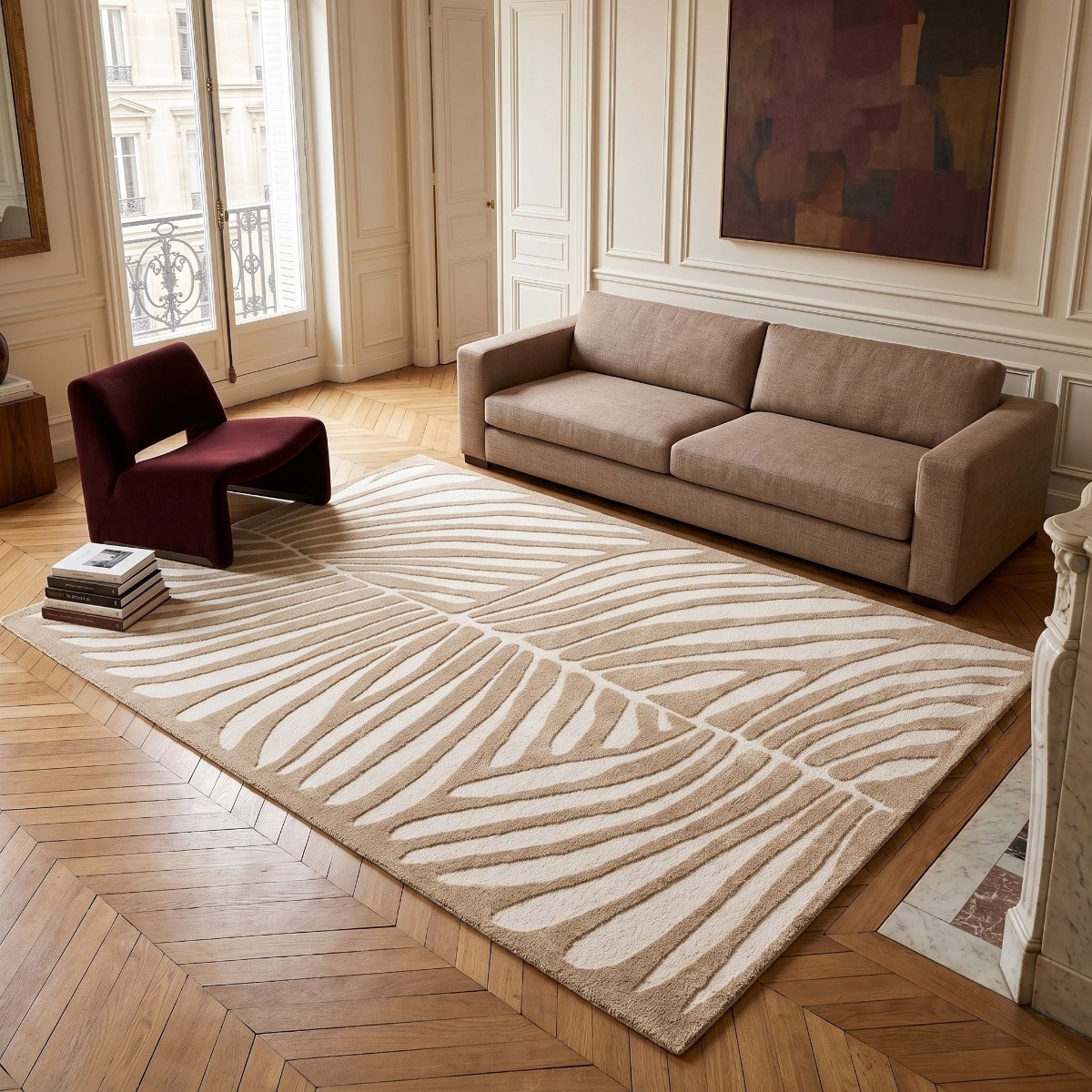 Tapis à relief doux moderne DESIGN LEAVES beige, THE DECO FACTORY