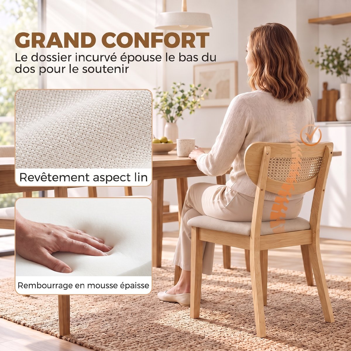 Chaise de salle à manger Tissu aspect lin beige, chêne naturel, HOMCOM