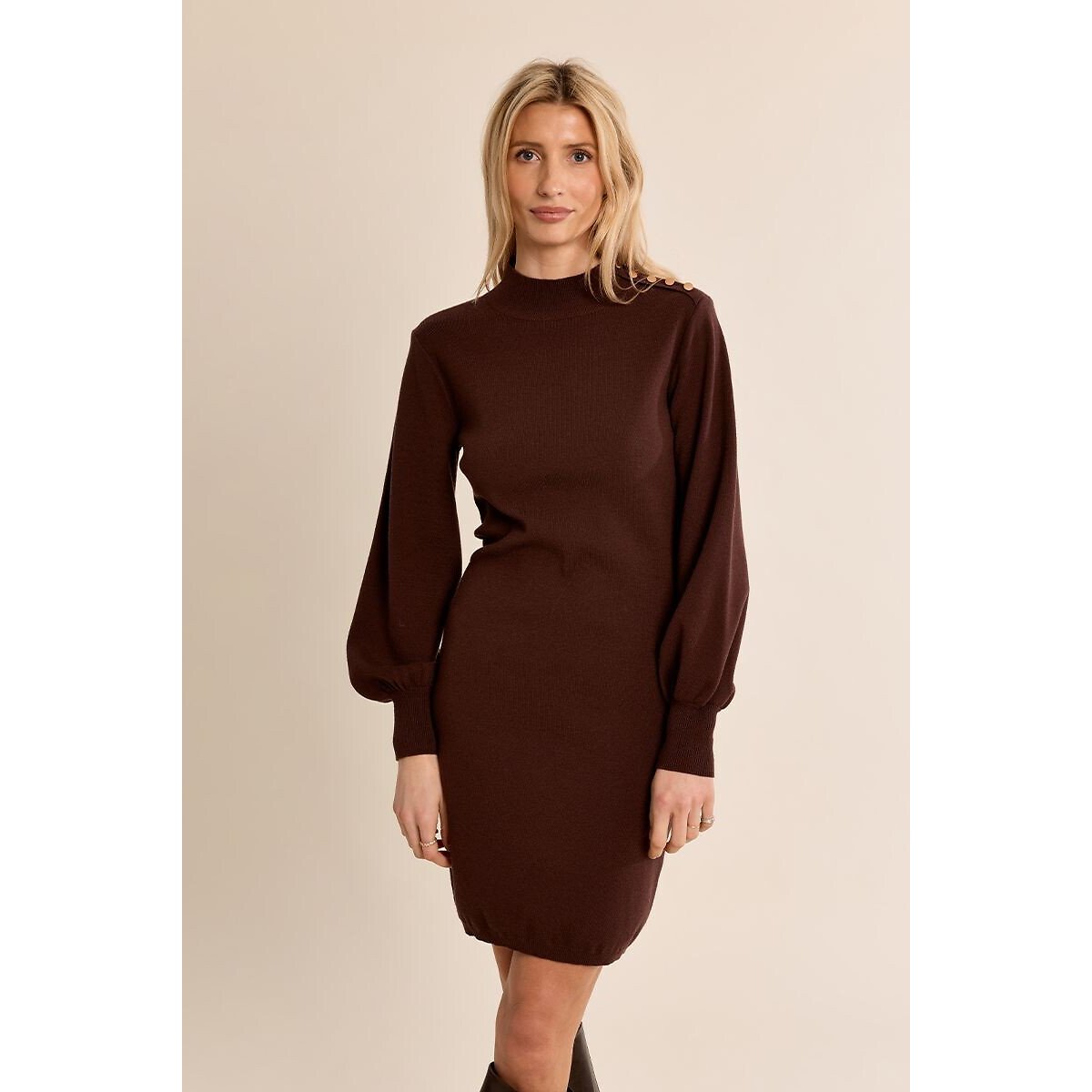 Vestido estilo camisola, em malha, mangas balão castanho-chocolate, MOLLY BRACKEN