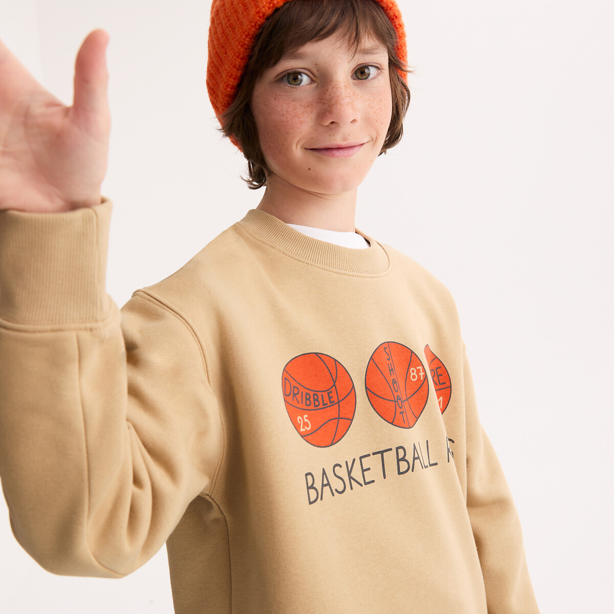 Basketball Print Fleece Crew Neck Sweatshirt beige, LA REDOUTE COLLECTIONS