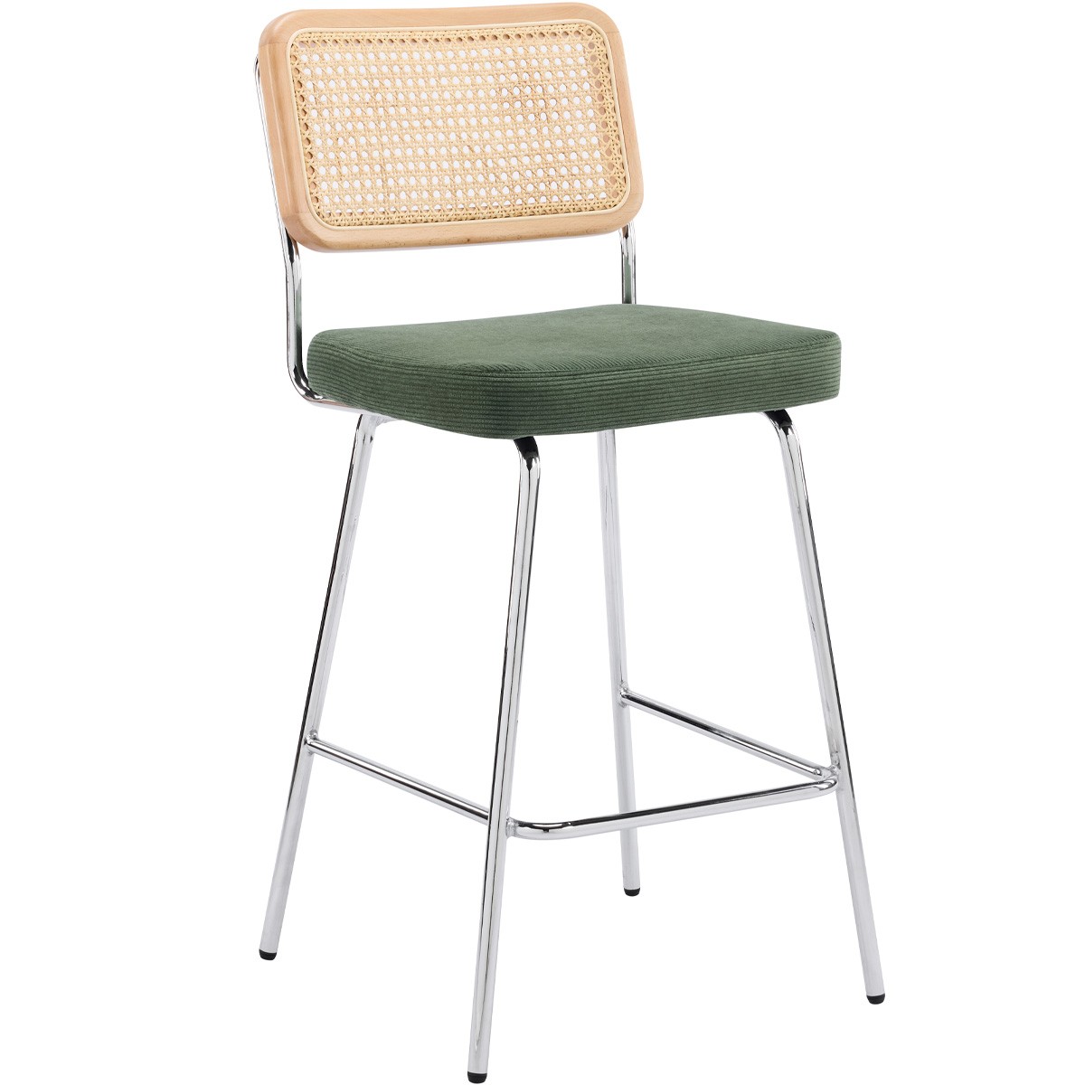Lot de 2 chaises de bar en cannage et velours côtelé, piètement chromé - MUSE vert kaki, HOMIFAB