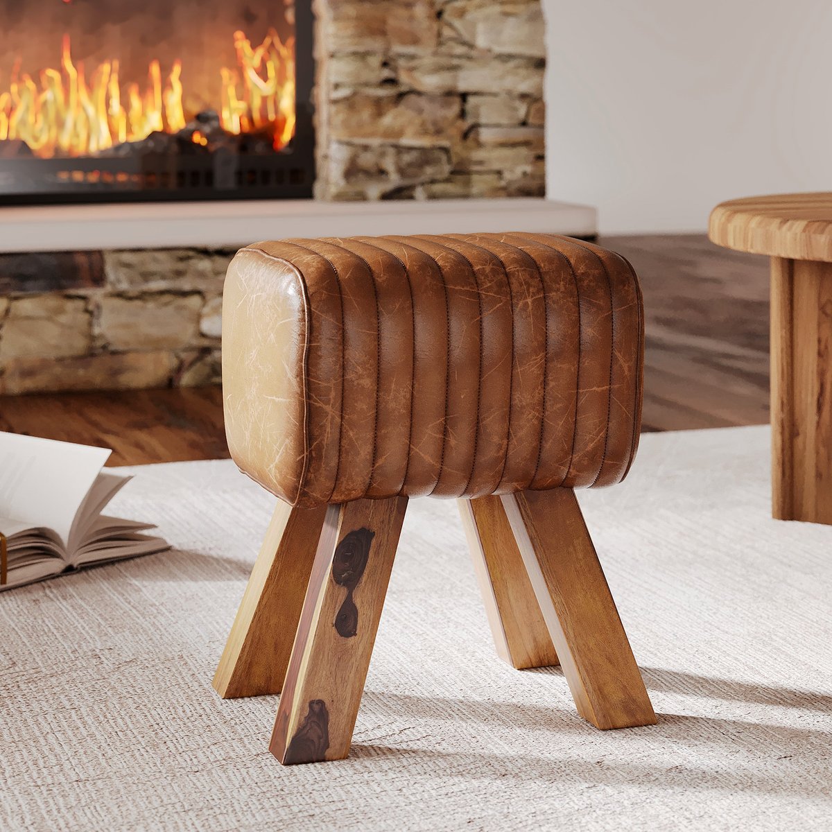Tabouret en cuir de manguier - MORENA marron vieilli et pieds bois, MAISON PAVANE
