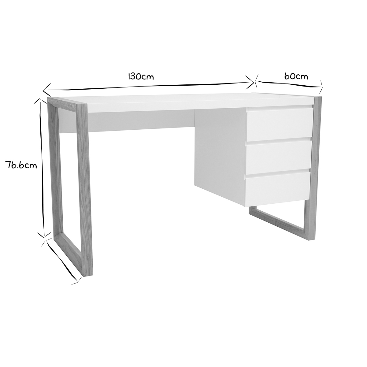 Bureau avec rangements 3 tiroirs scandinave blanc mat et bois clair frêne massif L130 cm ARMEL blanc, MILIBOO