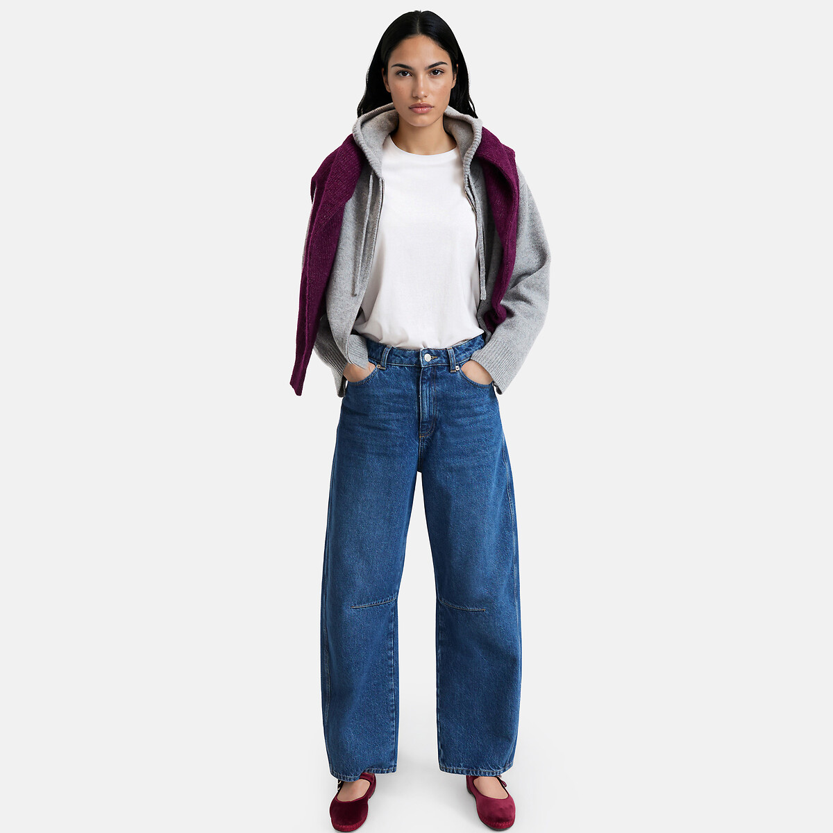 Gilet court à capuche en laine, grosse maille gris chiné, LA REDOUTE COLLECTIONS