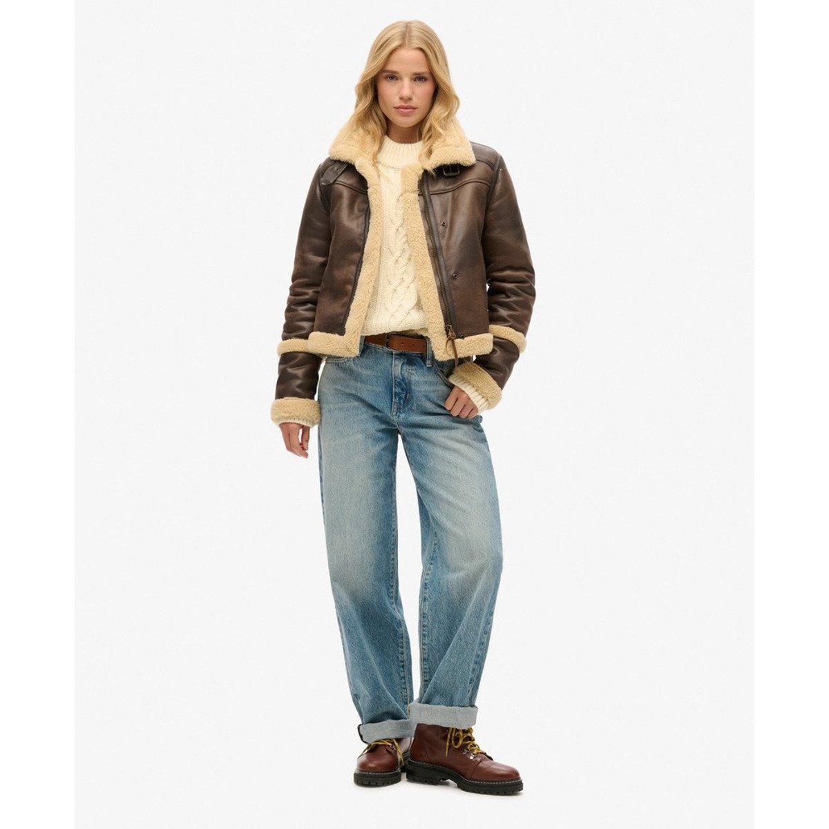 Veste aviateur courte en peau de mouton synthétique marron foncé, SUPERDRY