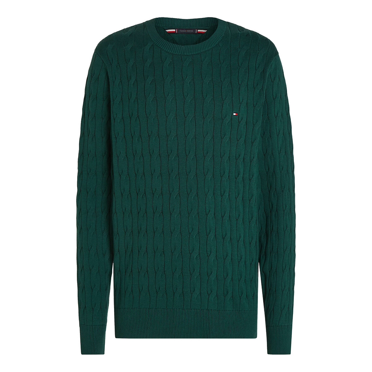 Embroidered Logo Jumper in Cotton and Structured Knit with Crew Neck green, TOMMY HILFIGER