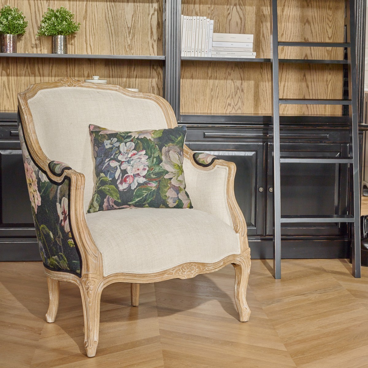 Fauteuil bergère lin et tissu imprimé VICTOR lin, ROBIN DES BOIS
