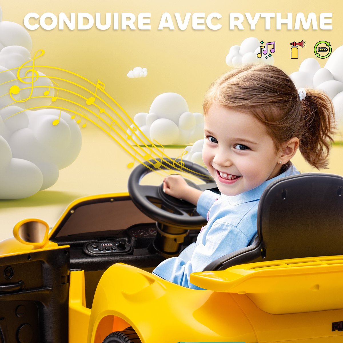 Voiture électrique à conducteur assis PP jaune, AIYAPLAY