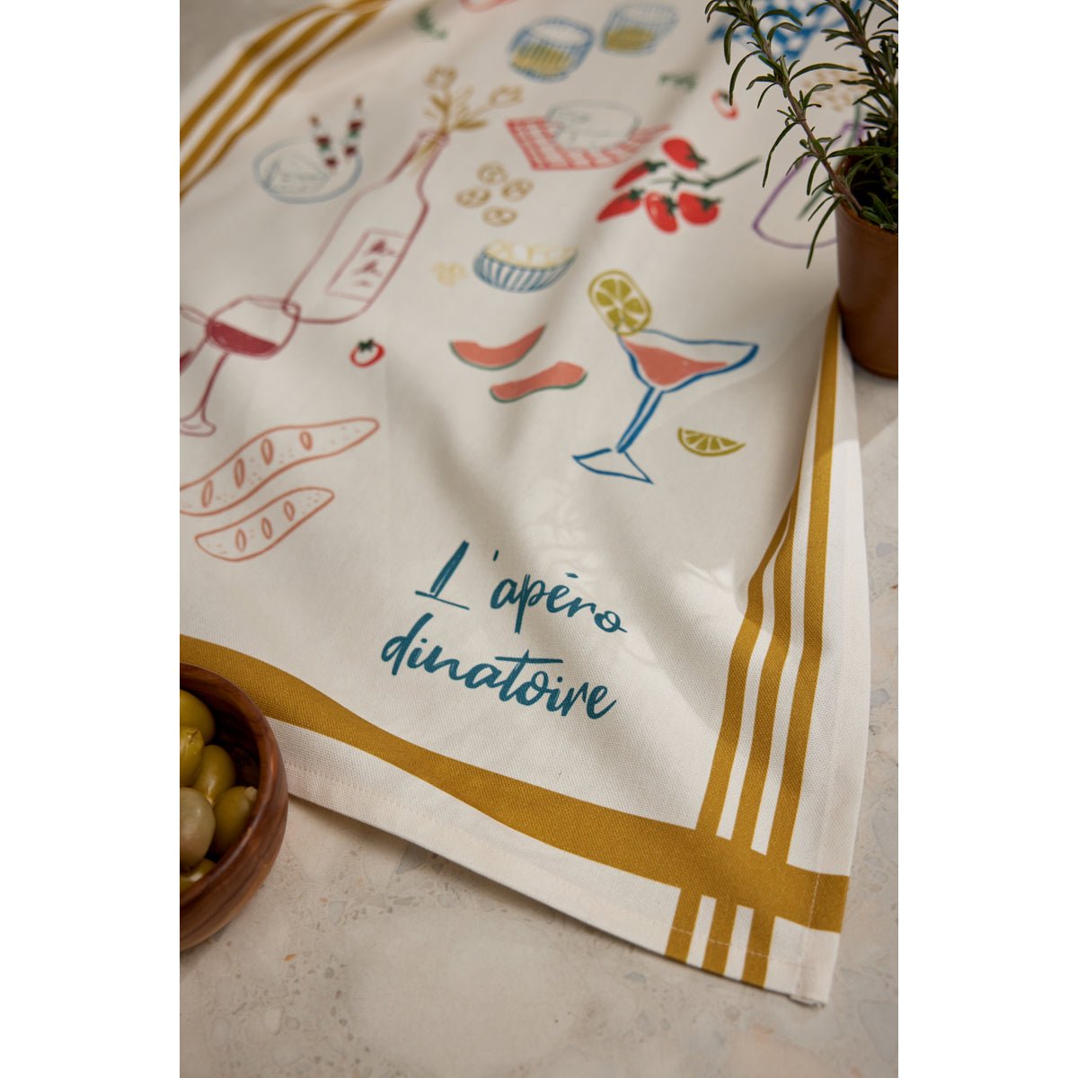 Torchon imprimé en coton L'APÉRO DINATOIRE blanc, COUCKE