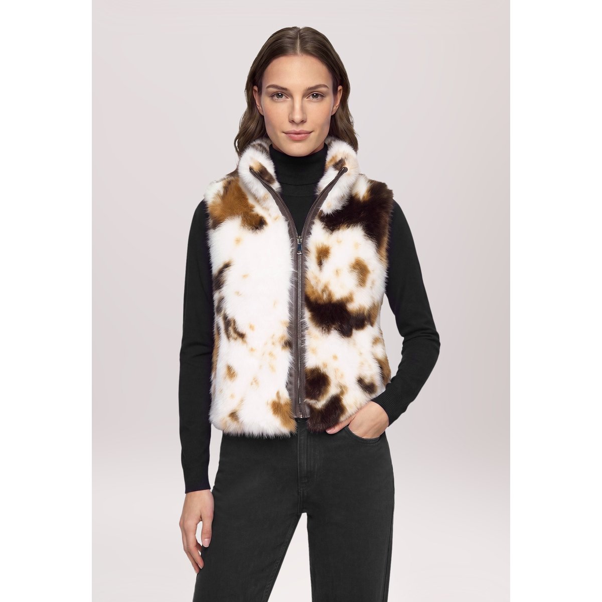 Veste sans manches en peluche à col droit beige/marron, AMBER & JUNE