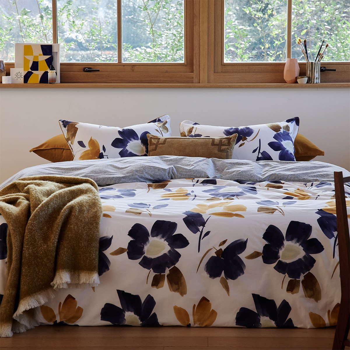 Drap plat en percale de coton bleu, HEURE BLEUE a motif, DESFORGES