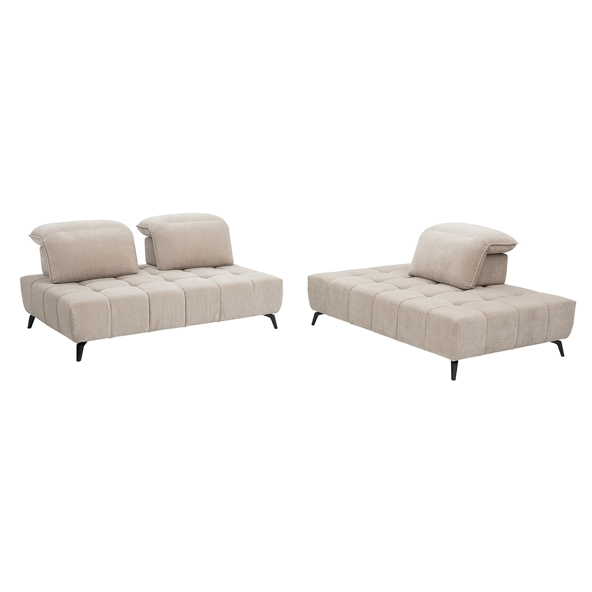 Canapé modulable 4 places avec têtières ajustables en tissu effet velours vert kaki et métal noir OLMO taupe, MILIBOO