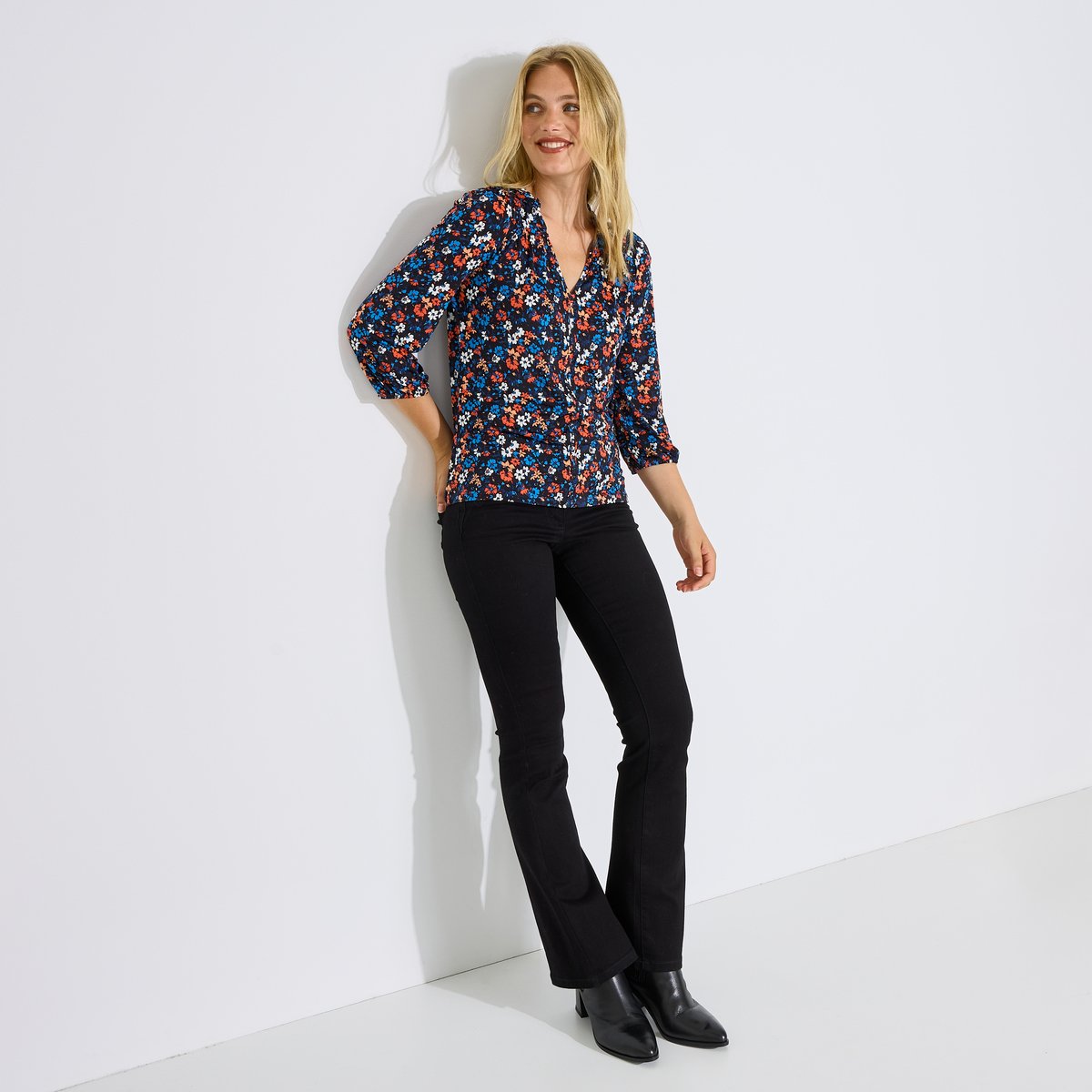 Blouse maille fluide imprimée bleu marine, GRAIN DE MALICE