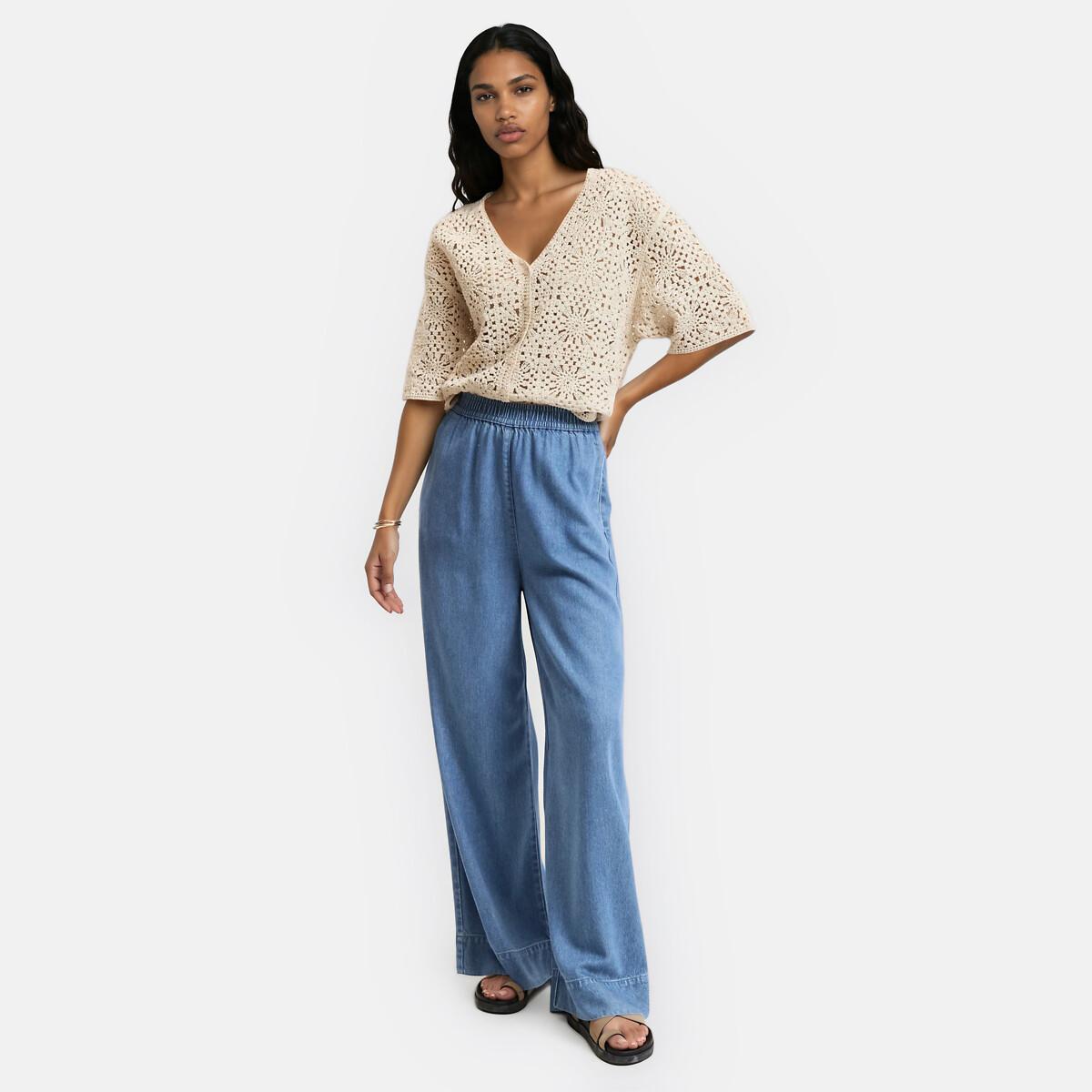 Elasticated High Waist Loose Fit Wide Leg Jeans double stonewashed blue, LA REDOUTE COLLECTIONS