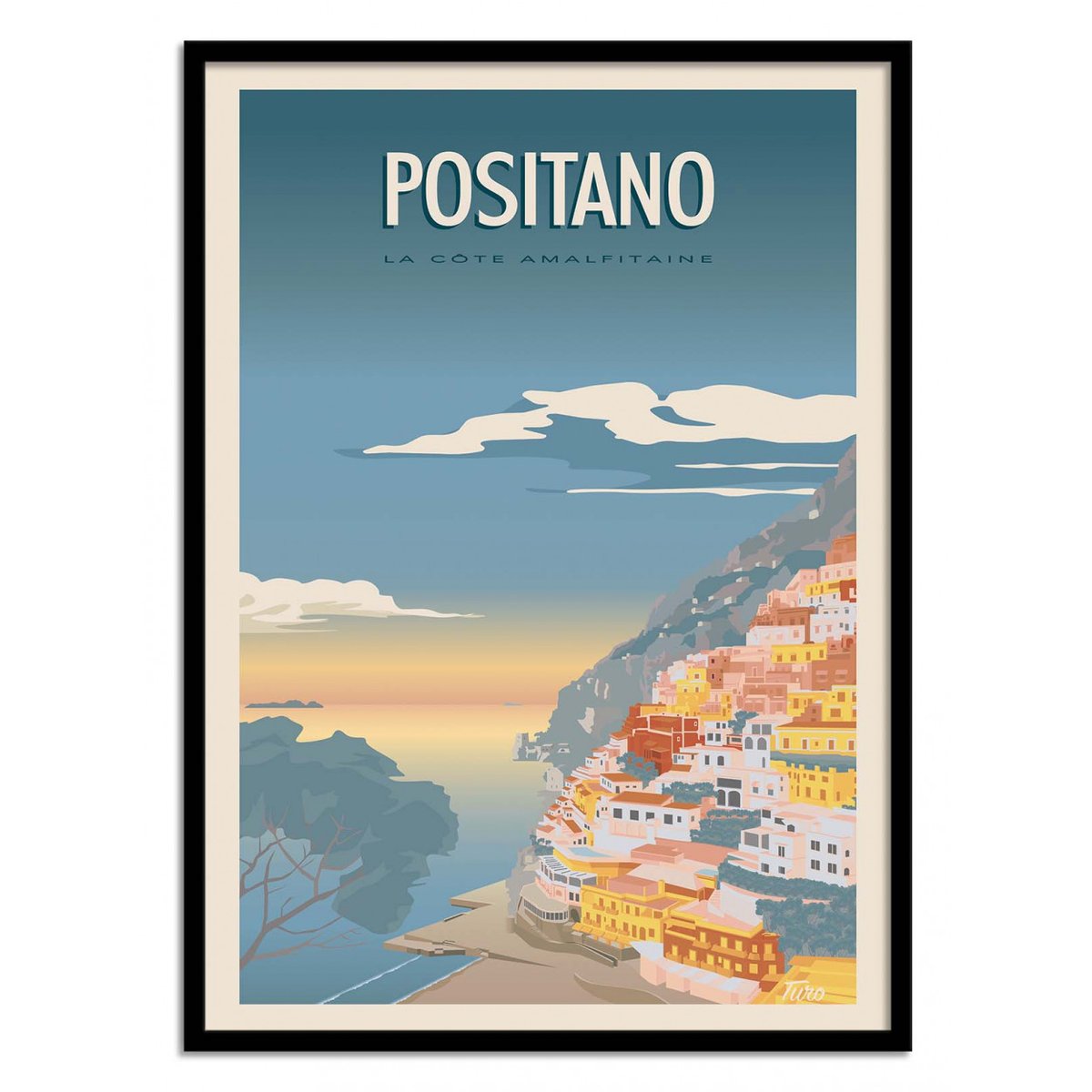 Affiche d’art et cadre noir 50 x 70 cm - Positano - Turo affiche d'art avec cadre bois noir, WALL EDITIONS