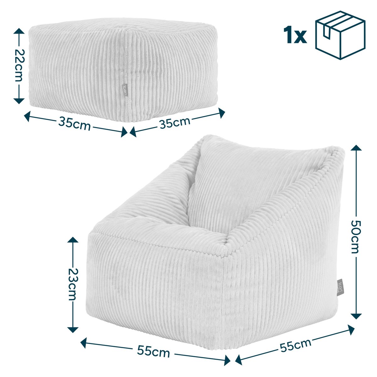 Pouf fauteuil enfant avec repose-pied carré en velours côtelé Oeko-Tex® - NATALIA bleu canard, ICON