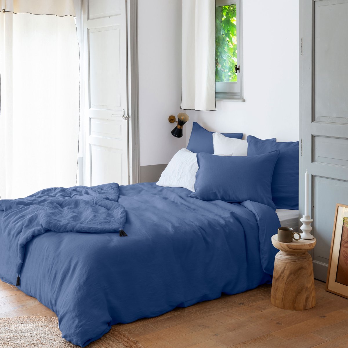 Housse de couette lin et coton lavé SONGE bleu de chine, CARRE BLANC