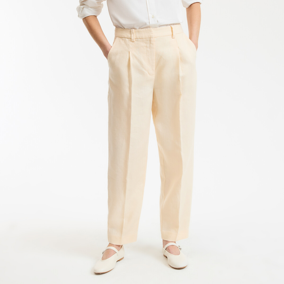 Pantalon cigarette à pinces en lin jaune pastel, LA REDOUTE COLLECTIONS