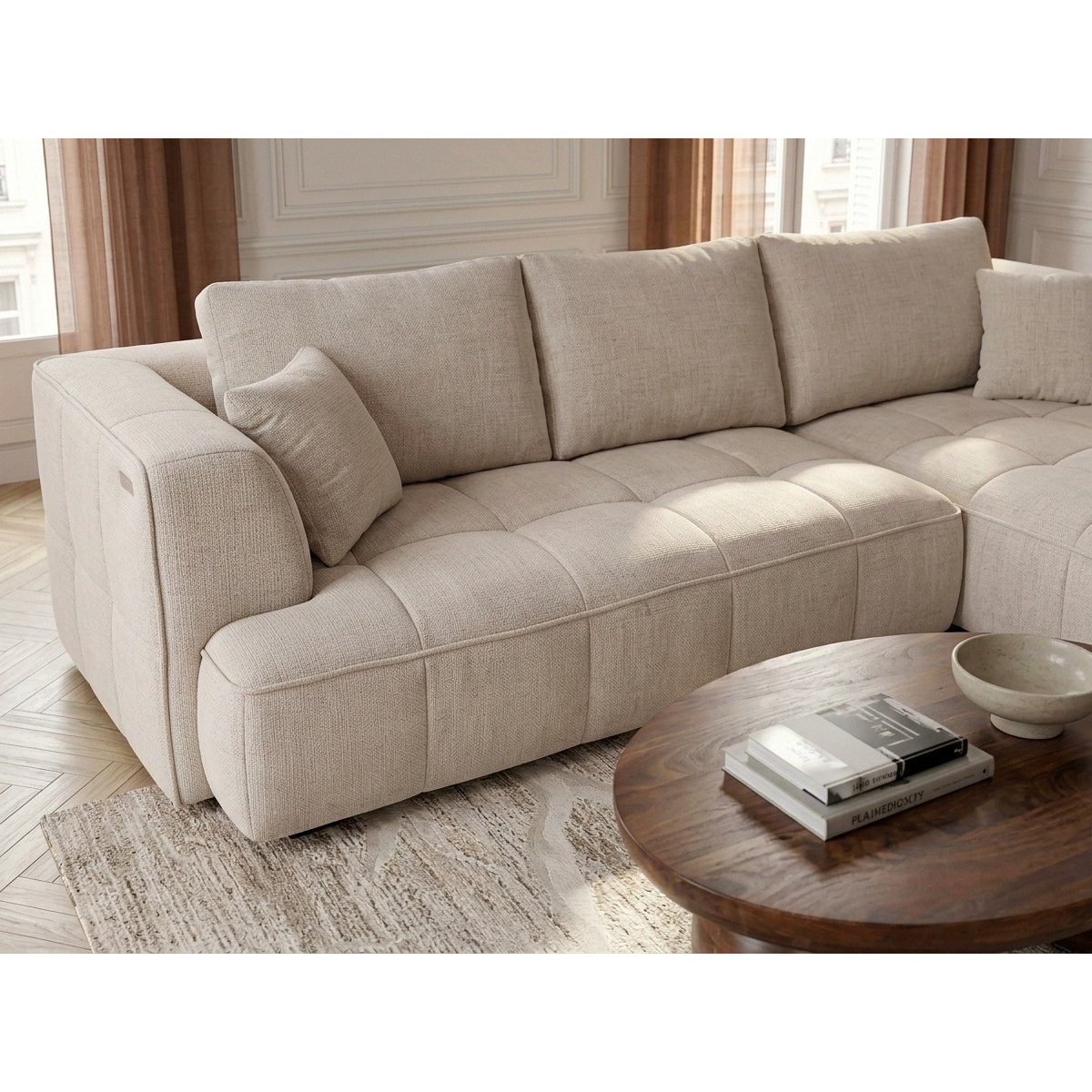 Canapé droit convertible 3 places en tissu lisse, CLOVIS beige, BOBOCHIC
