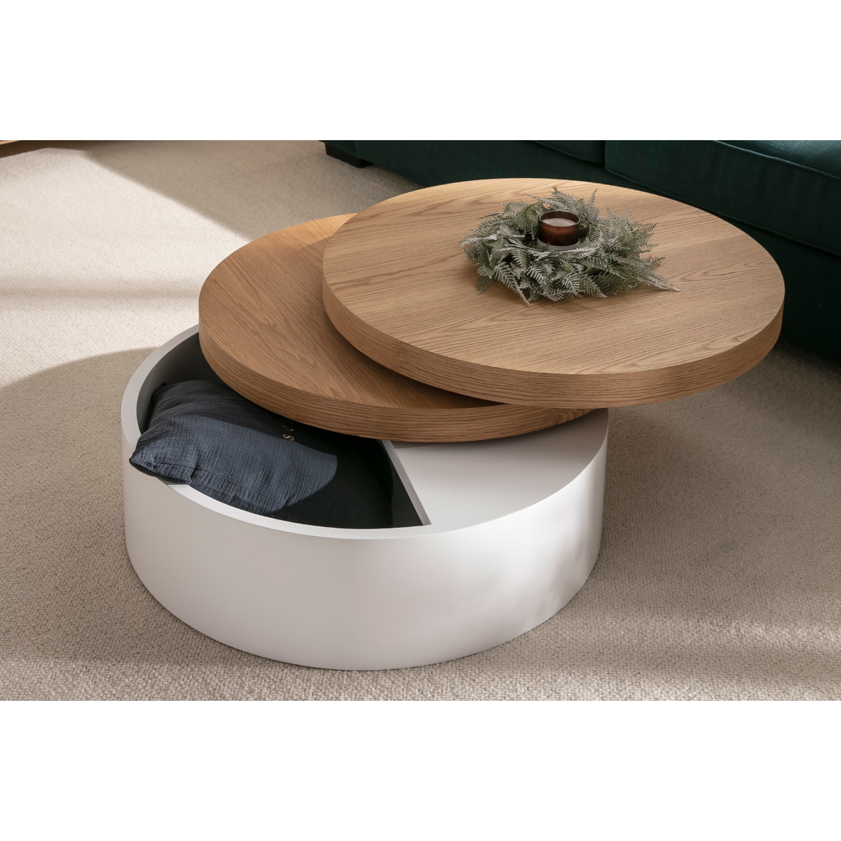 Table basse ronde avec plateaux pivotants et rangement blanc et bois clair chêne D80 cm ICON bois clair / blanc, MILIBOO