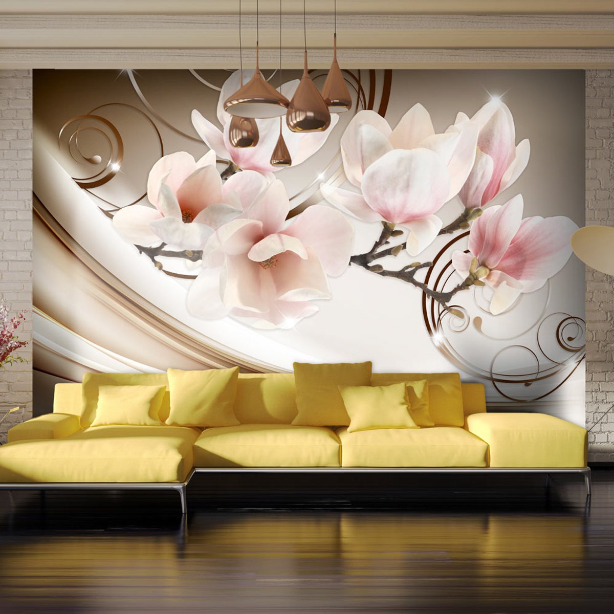 Papier peint intissé panoramique Fleurs Waves of Magnolia rose, EDEN