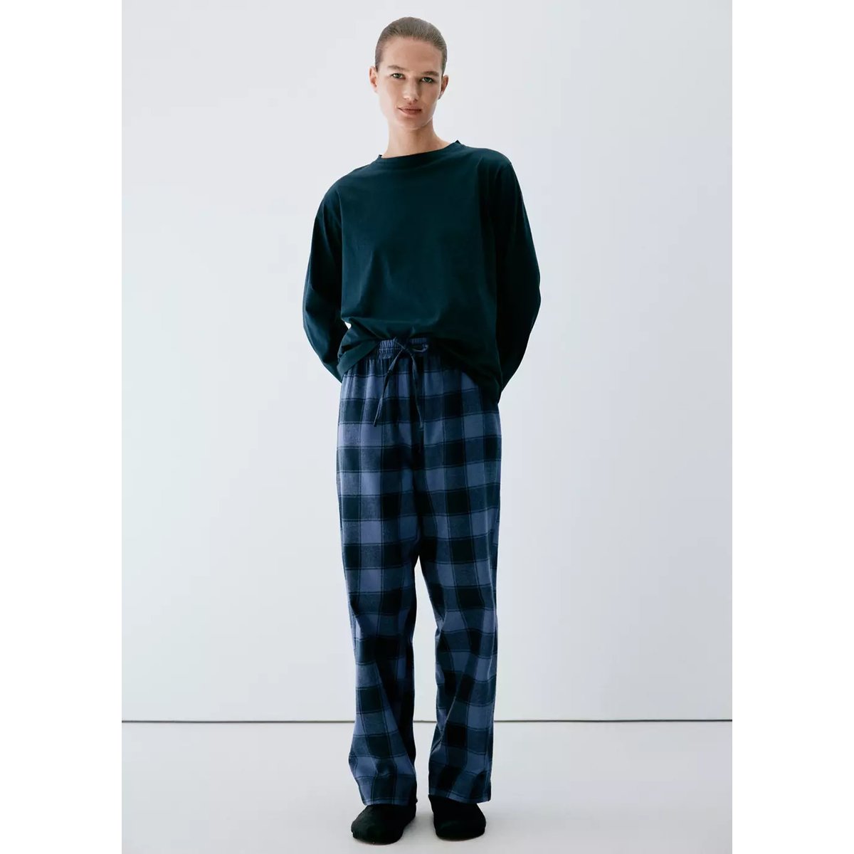Pyjama deux pièces en flanelle à carreaux bleu, MANGO