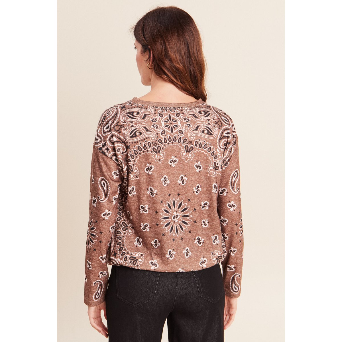 Pull col rond manches longues strass marron, BREAL