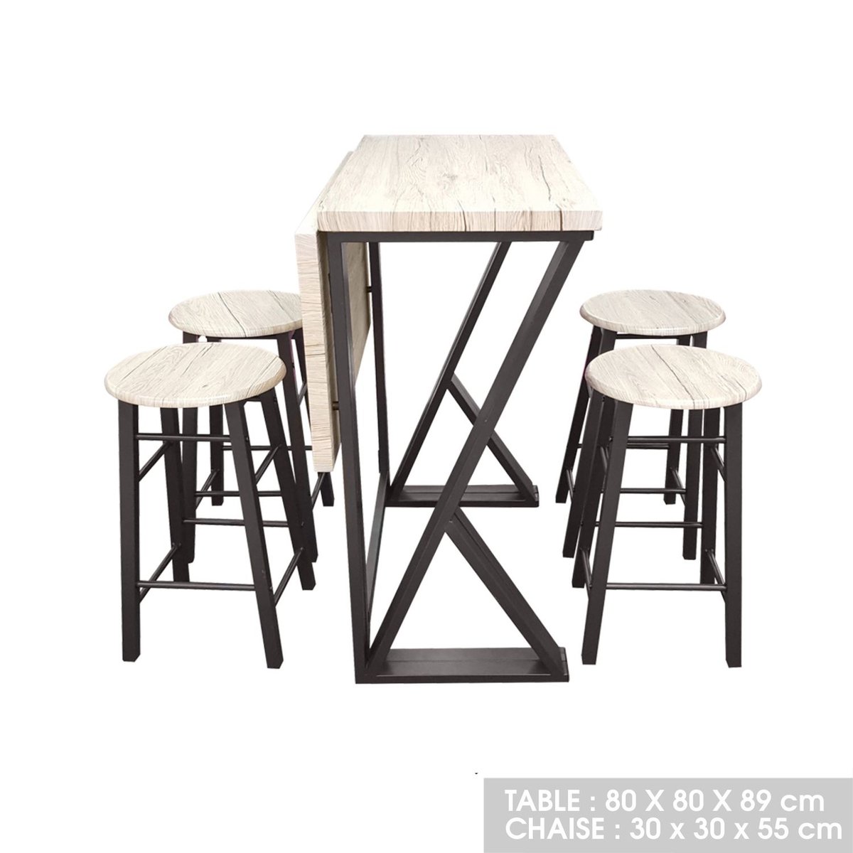 Table de bar pliante avec 4 tabourets design industriel DOCK noir, URBAN LIVING