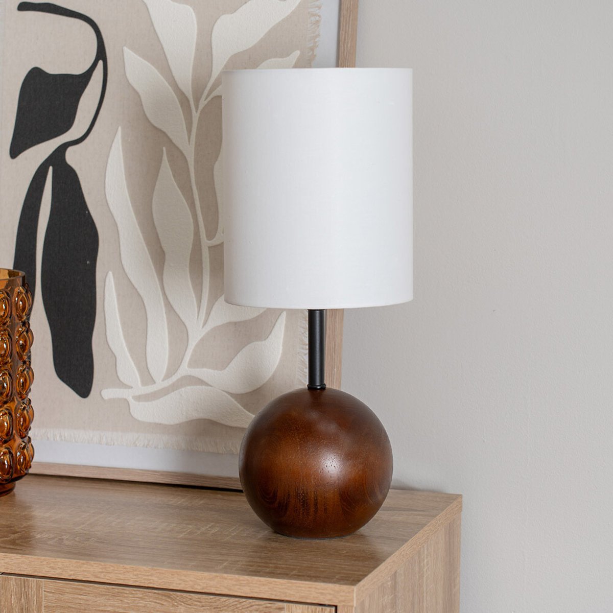 Broderick Walnut Wood Ball Table Lamp with Tall Linen Shade transparent, SO'HOME