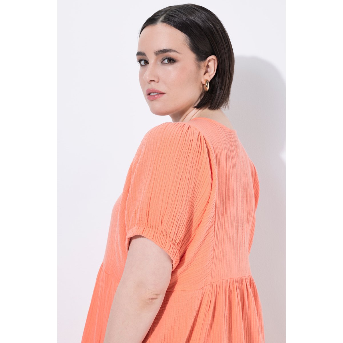 Robe midi en mousseline. Manches courtes corail, ULLA POPKEN