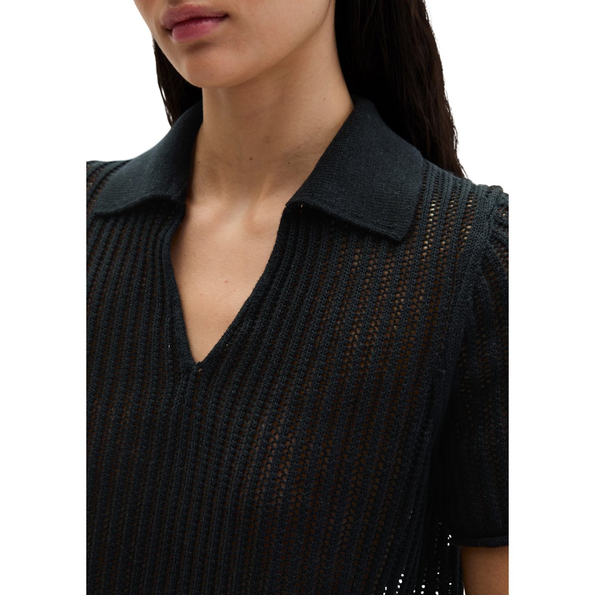 Polo en tricot ajouré régulier en mélange de coton et de lin bio noir, MARC O'POLO