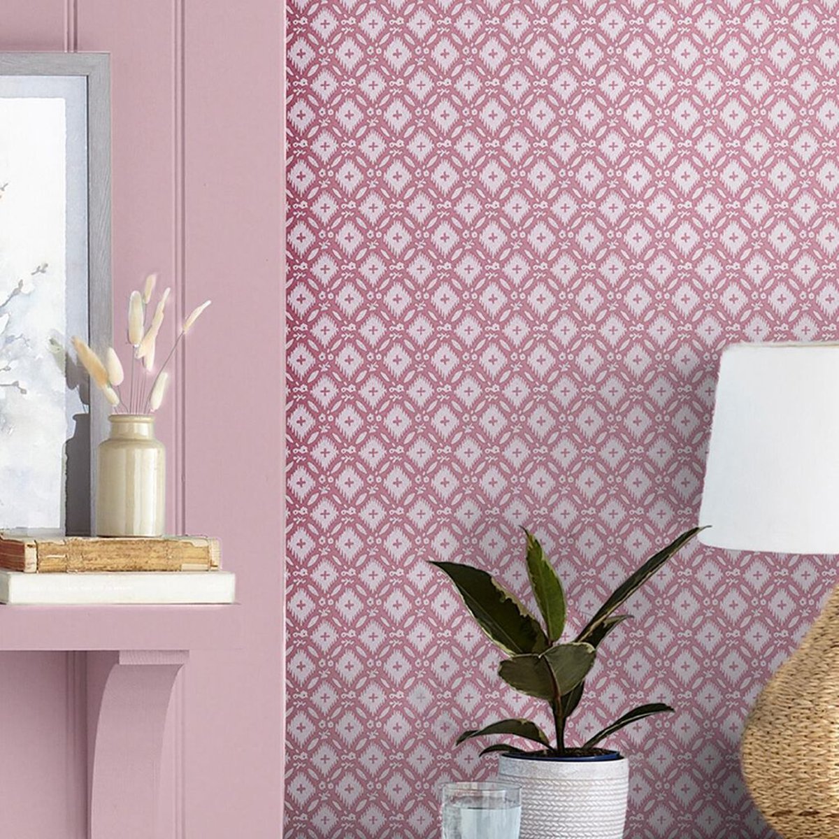 Papier peint quadrillage géométrique soutenu Whitebrook rose, LAURA ASHLEY