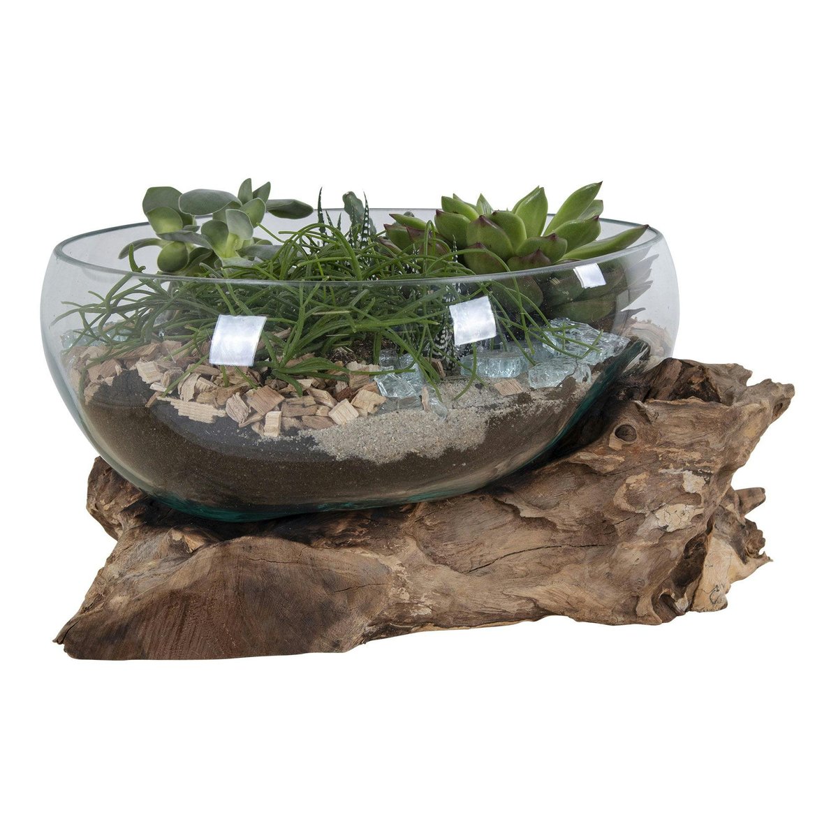 Petit vase verre soufflé et racine teck, artisanal ARIZONA bois naturel, PIER IMPORT