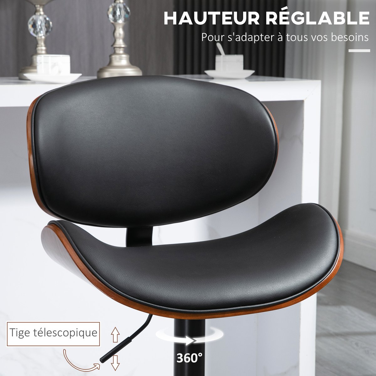 Tabouret de bar Revêtement synthétique PU noir, bois foncé, HOMCOM