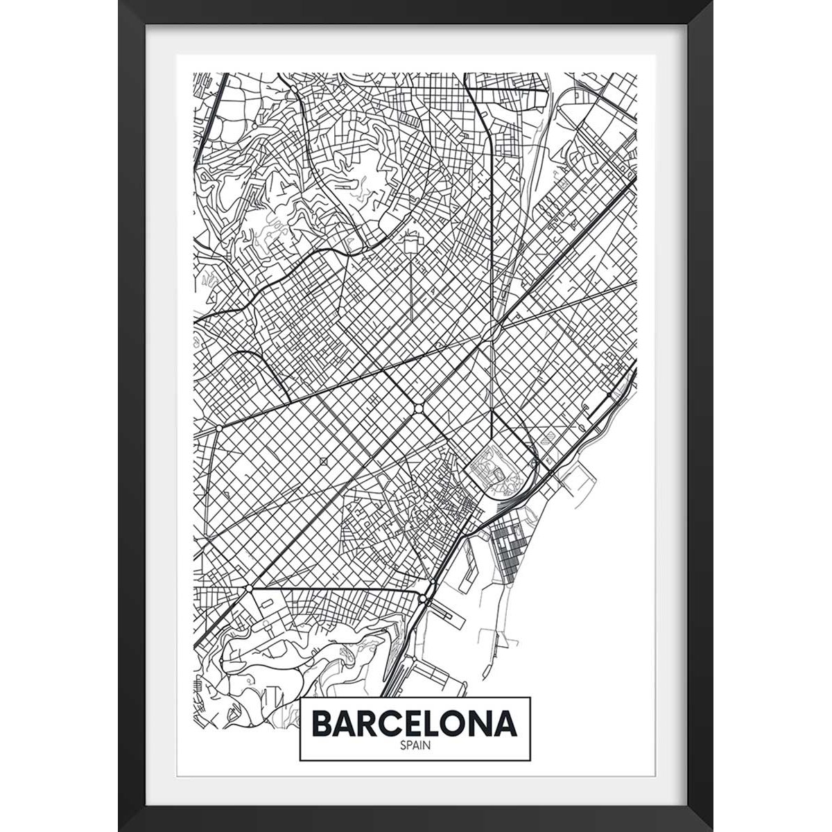 Affiche graphique barcelona spain affiche + cadre en bois - noir, HEXOA