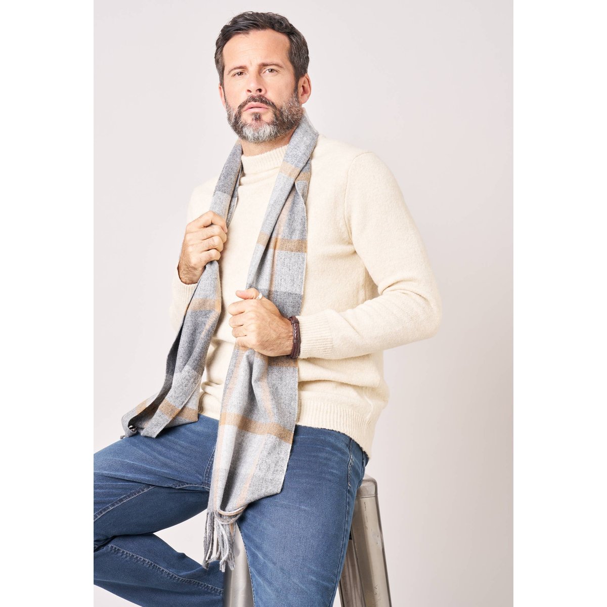Écharpe homme à carreaux avec franges SIETO grey, DEELUXE