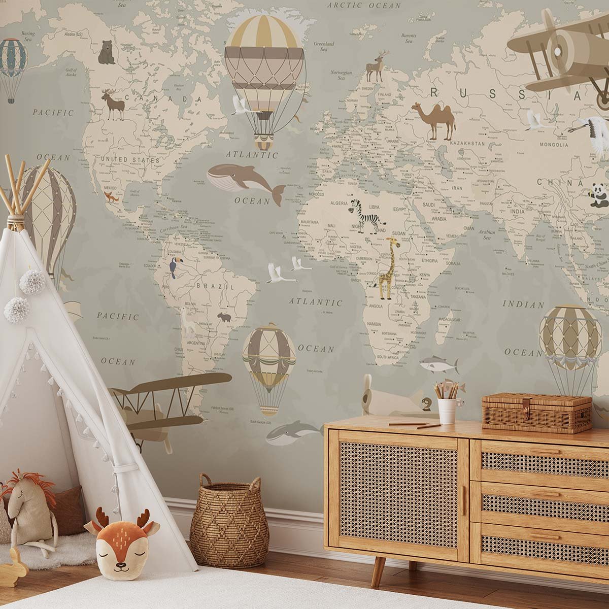 Papier peint enfant carte du monde et montgolfieres intissé, HEXOA