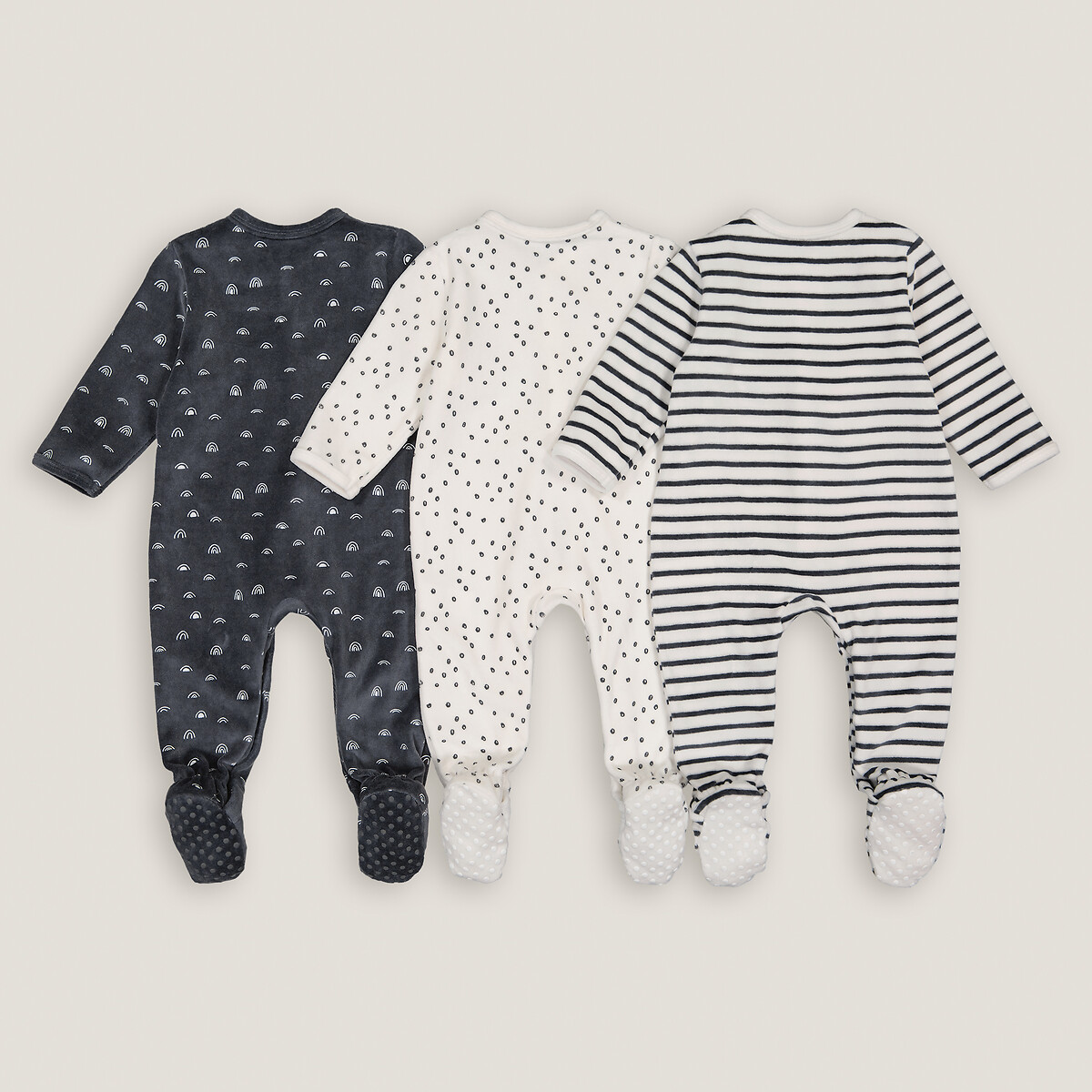 Set van 3 pyjama's in fluweel ecru+donkergrijs, LA REDOUTE COLLECTIONS