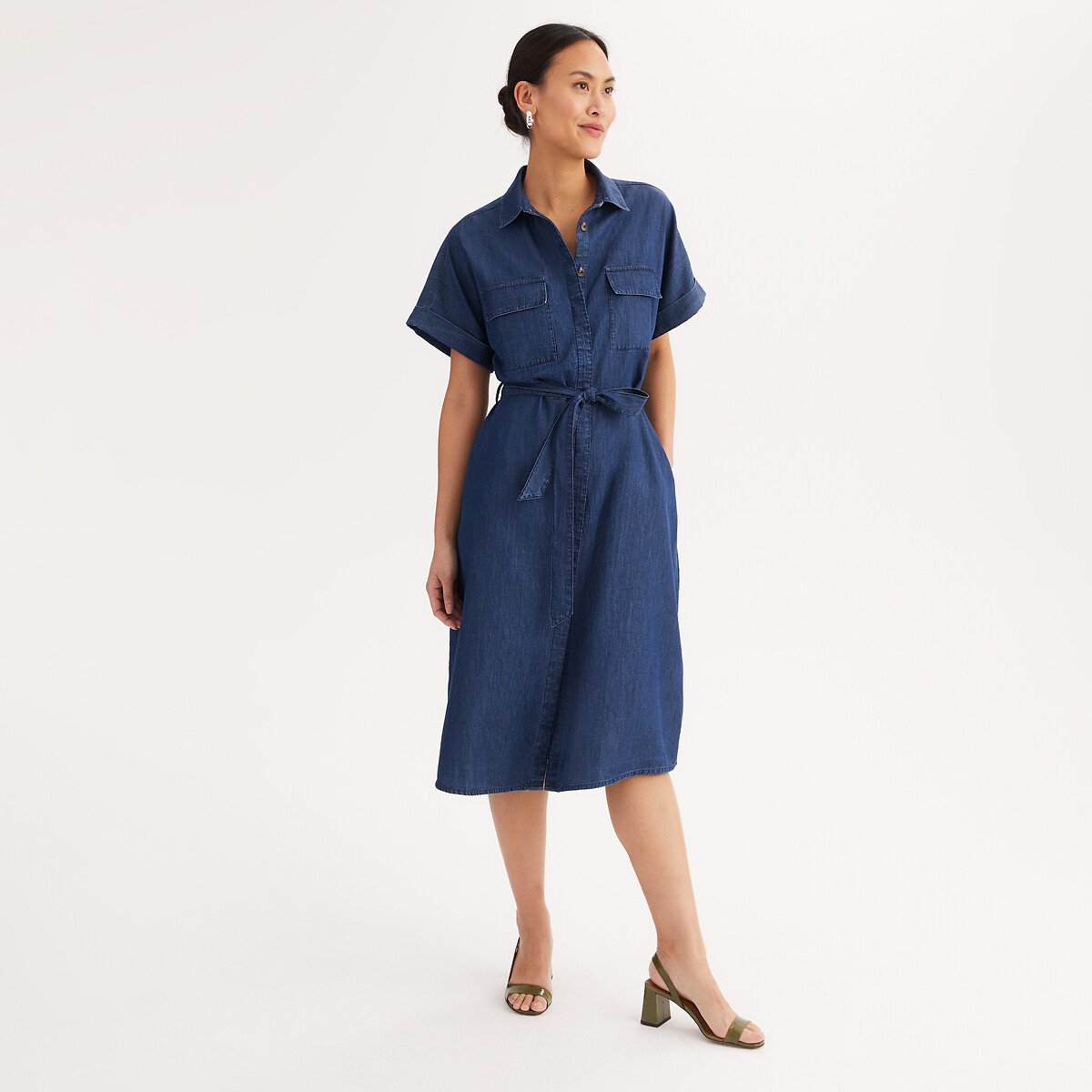 Robe évasée, longue, manches courtes, en denim light denim brut, ANNE WEYBURN