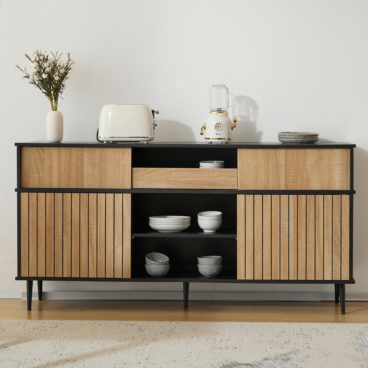 Buffet contemporain avec 4 portes coulissantes et 1 tiroir style contemporain, NOVAKF Buffet chêne, MEUBLES COSY