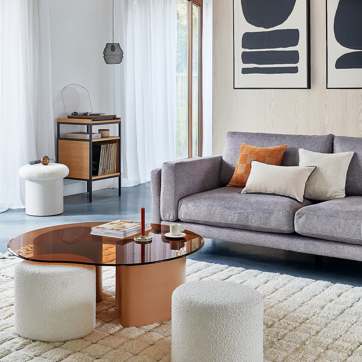 Mesa de centro com 2 pufes, POGLIO âmbar, LA REDOUTE INTERIEURS