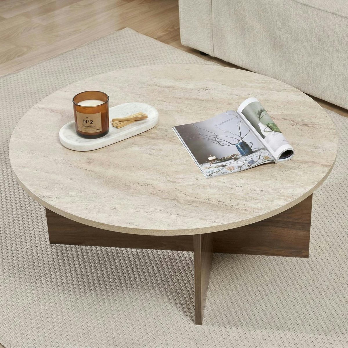 Table basse ronde décor travertin et noyer MARFA beige, PIER IMPORT
