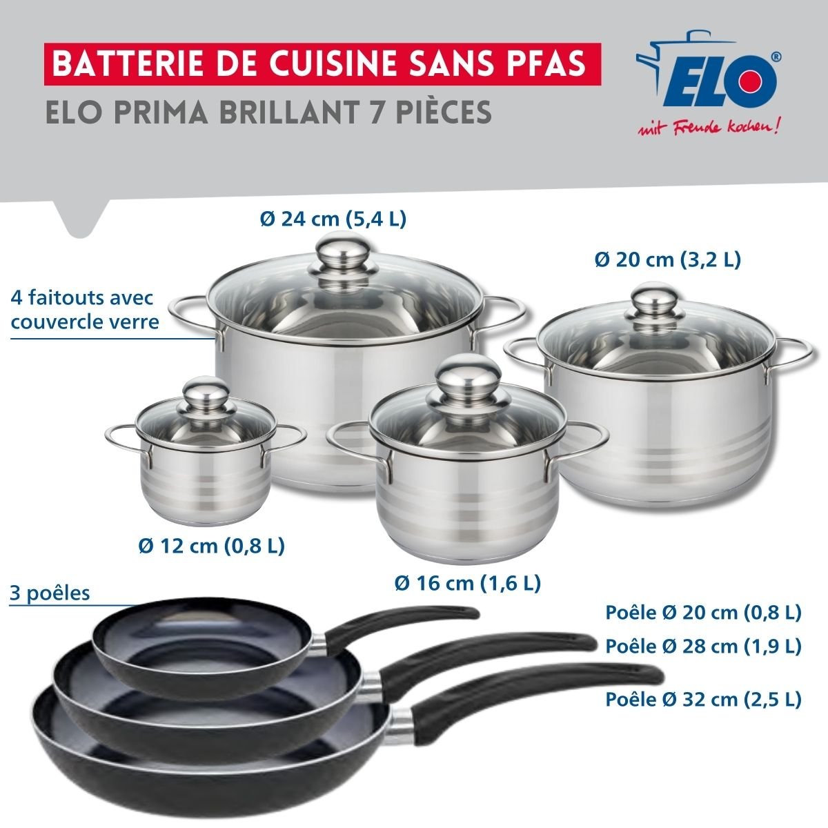 3 poêles 20/28/32cm + 4 faitouts 12/16/20/24cm PRIMA BRILLANT noir, ELO