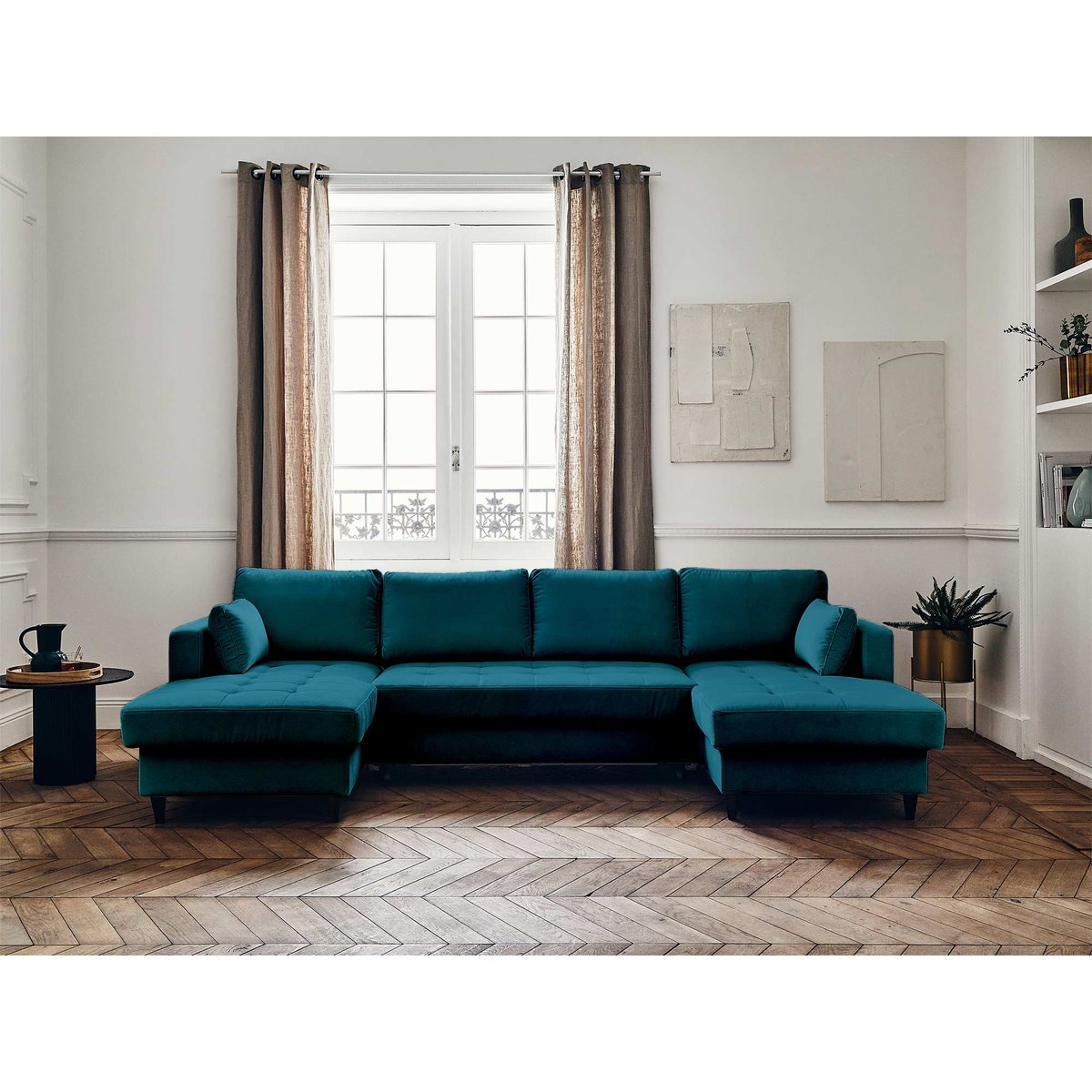 Canapé Panoramique Convertible 7 places - ANNA bleu canard, BEST MOBILIER