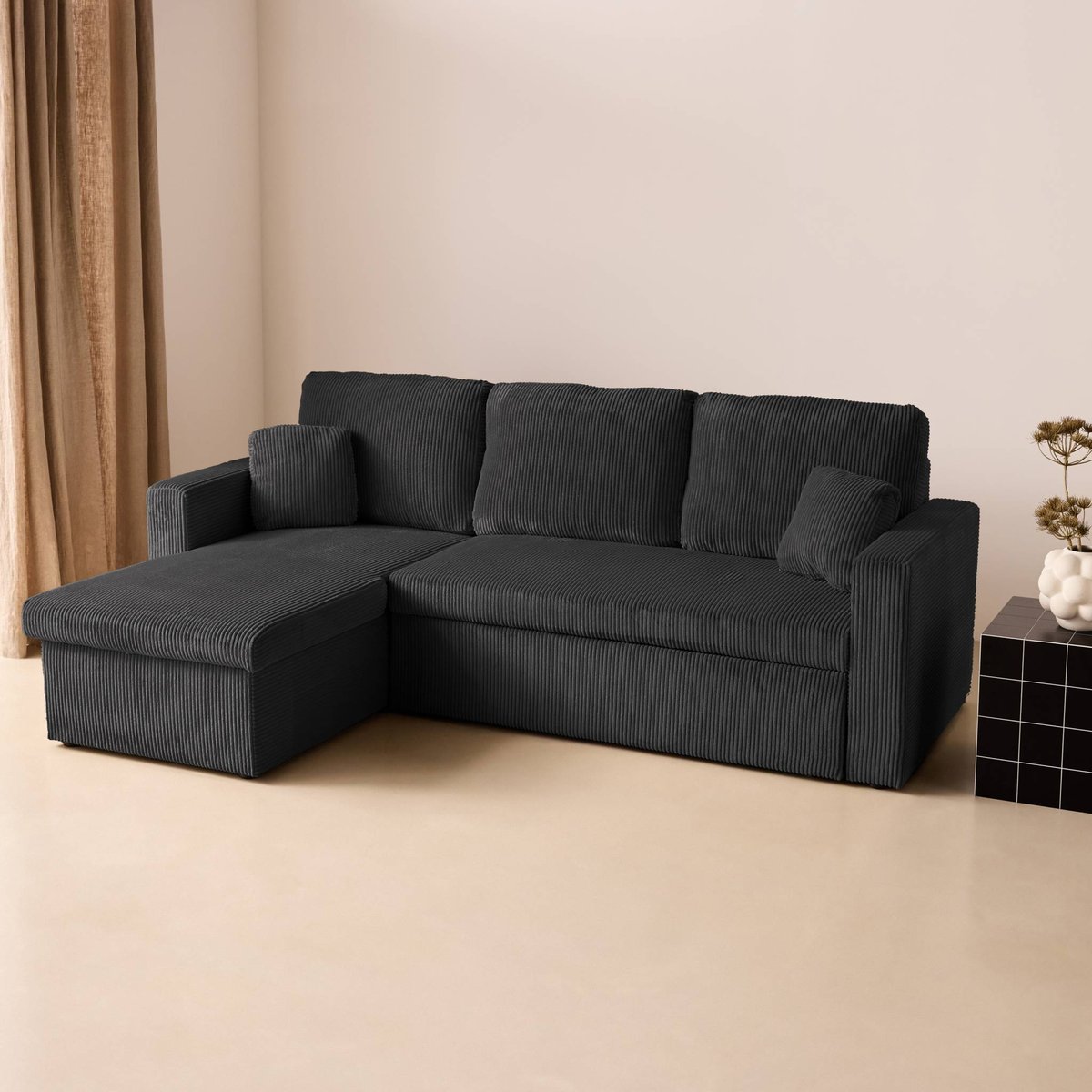 Canapé d'angle convertible réversible 3 places velours côtelé grosse côte avec coffre IDA gris foncé, SWEEEK