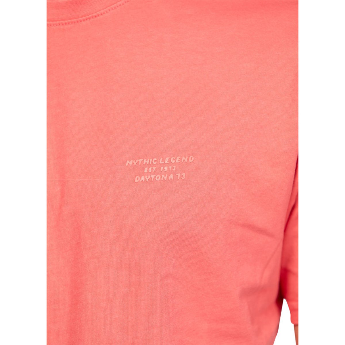 T-shirt en coton corail uni à col rond avec une petite écriture ton sur ton corail, DAYTONA