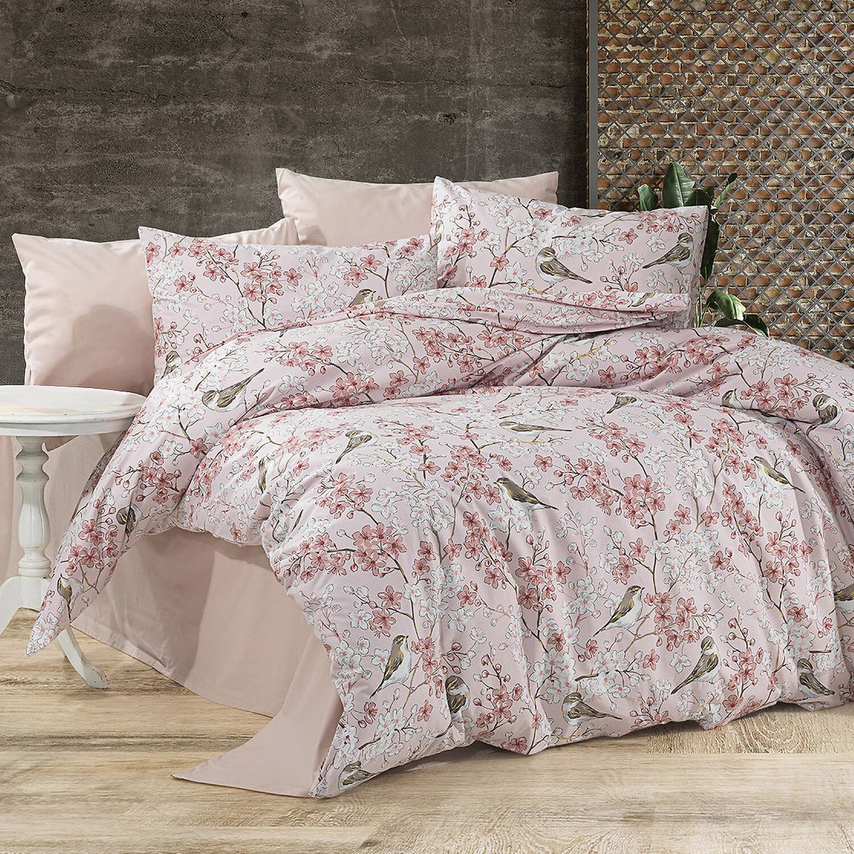 Paure de couette et tai(e) coton imprimé, petalia rose rose, C DESIGN HOME TEXTILE