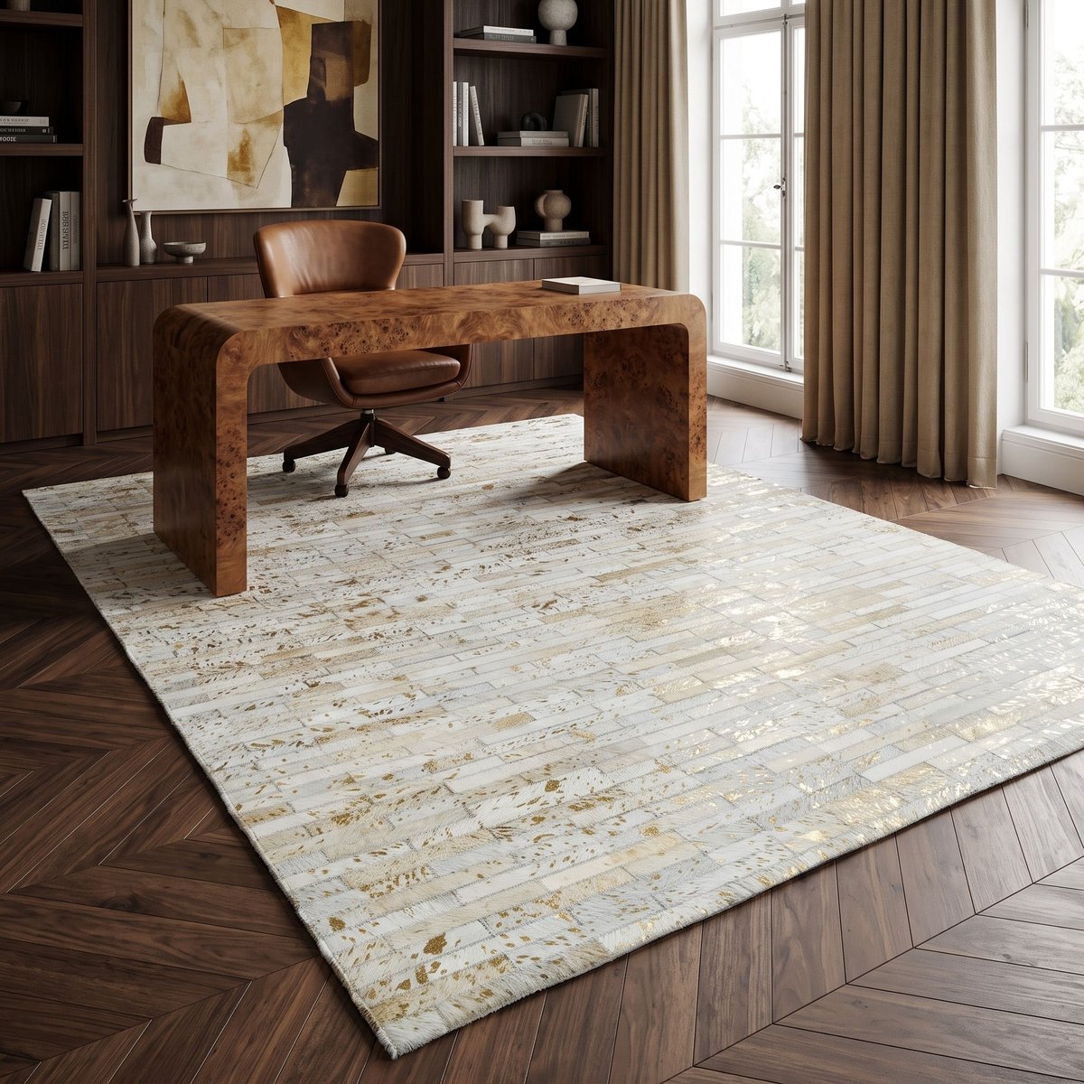 Tapis salon en cuir recyclé CUIR LINES or, THE DECO FACTORY